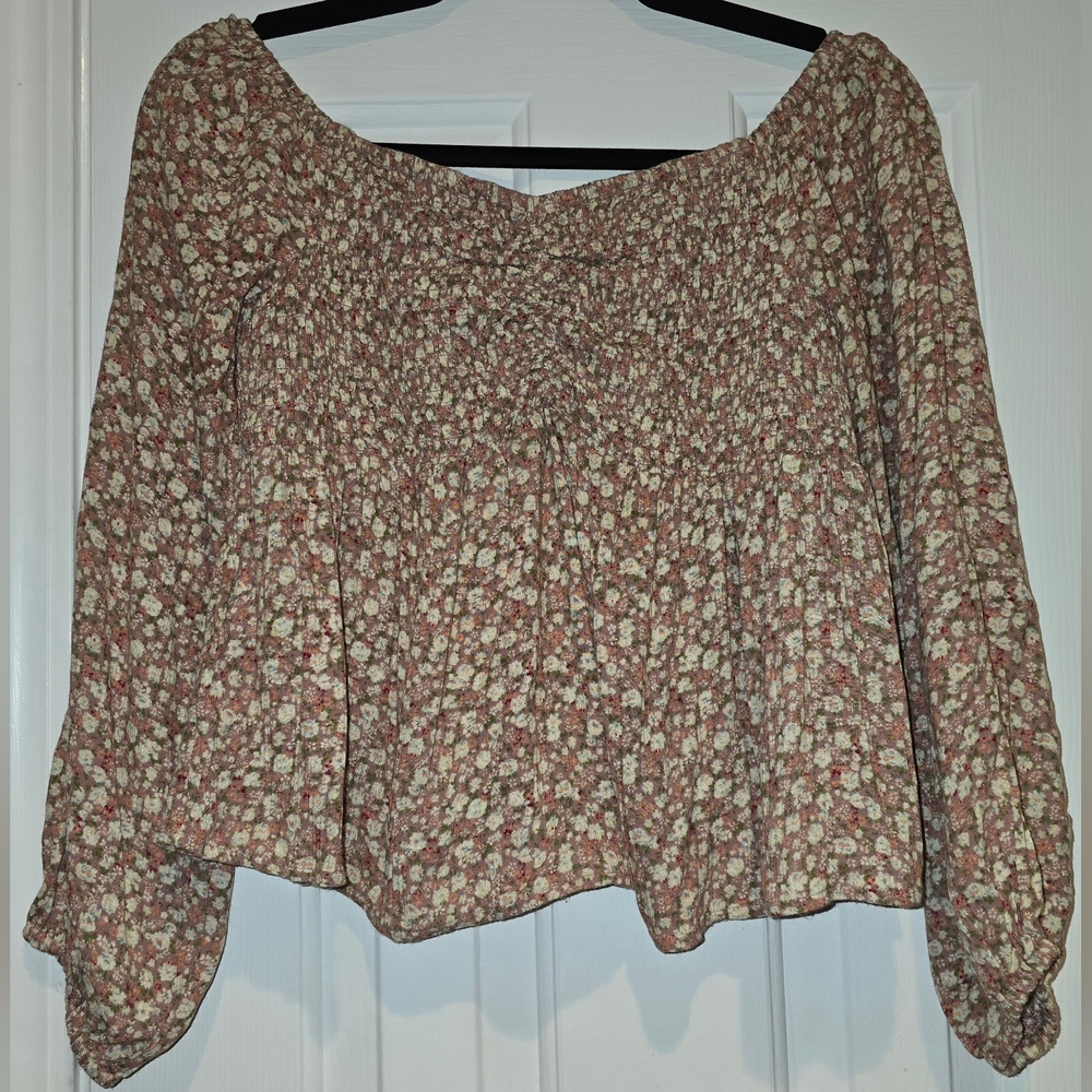 Women's American Eagle Pink Floral 3/4 Sleeve Cropped Peasant Blouse Size Small